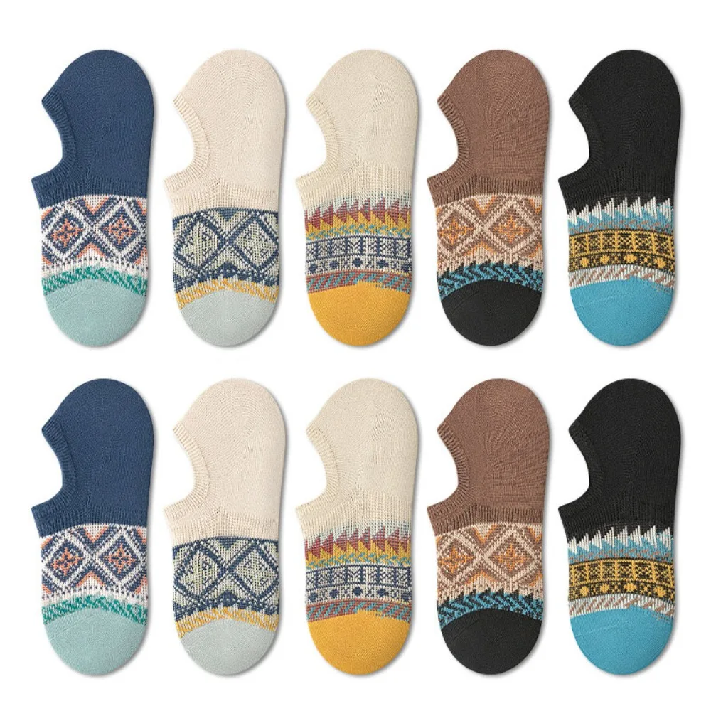 

10Pairs Fashion Grid Retro Boat Socks Short Tube Ethnic Style Patchwork Low-calf Socks Breathable Hosiery Invisible Socks Male