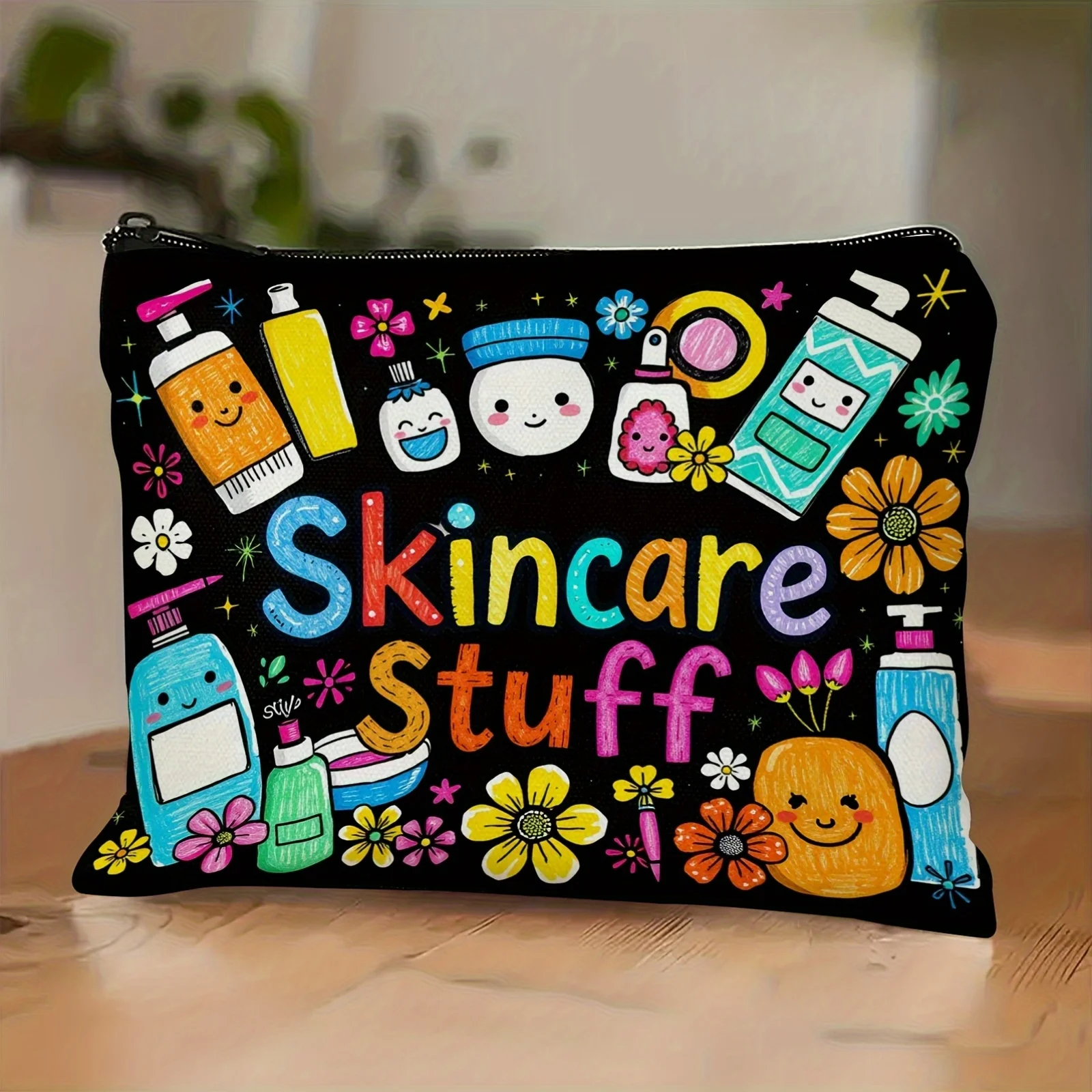 1 borsa per il trucco nera pastello per la cura della pelle, organizer leggero con cerniera con stampa cosmetica vibrante, custodia da toilette da viaggio, borsa per il trucco