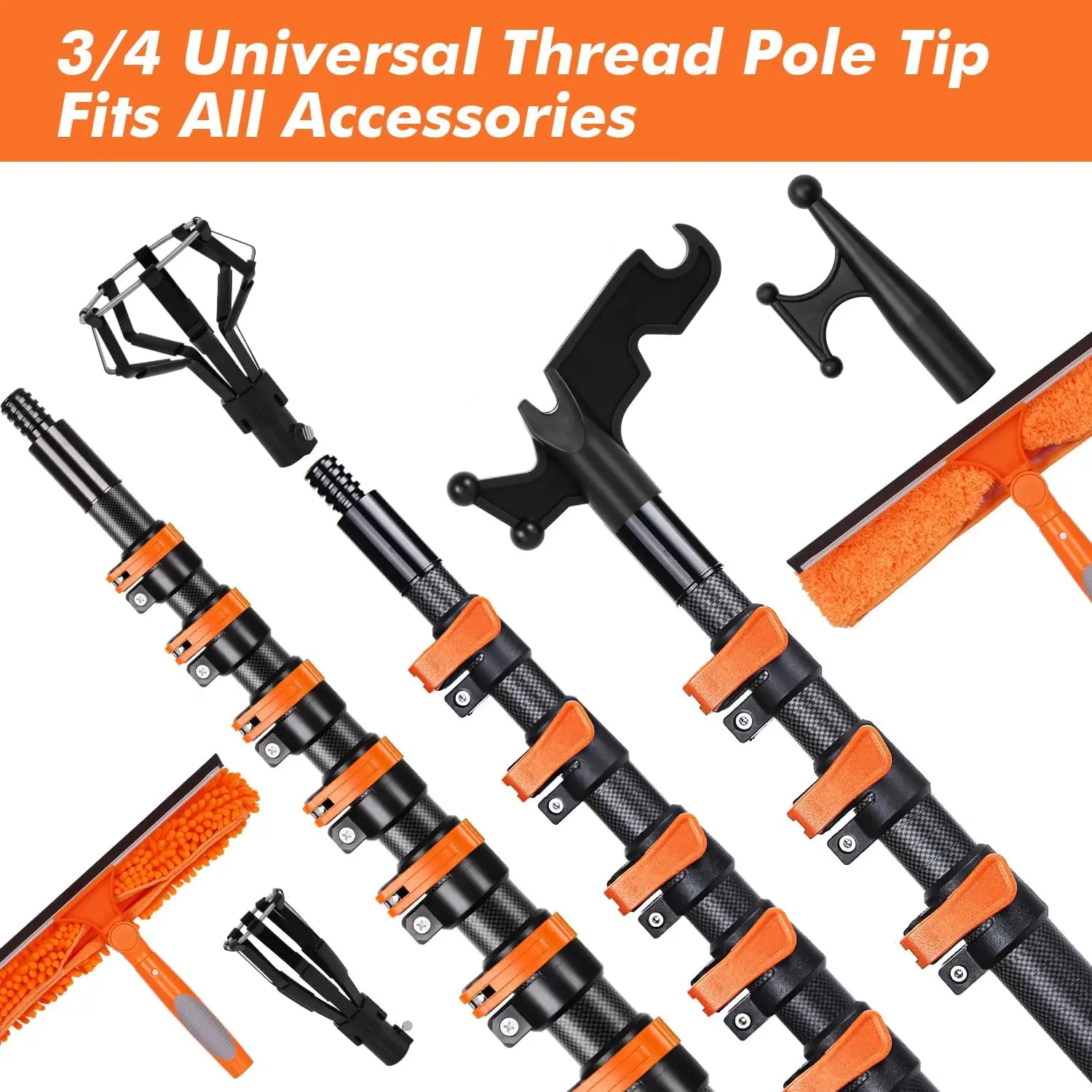 Telescopic Window Cleaning Squeegee Kit Ultra Light Heavy Duty Carbon Fiber Extension Pole With Threaded Tip Multi Angle Squeegee Scrubber Tool For High Window Glass Cleaning Outdoor Black