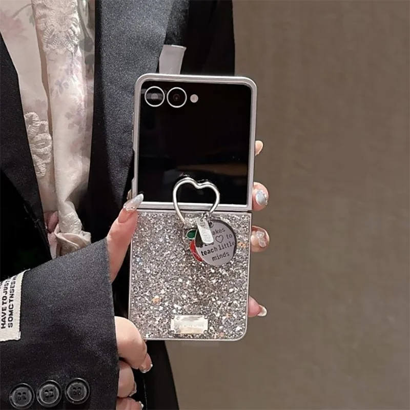 Electroplated Glitter Flip Case For Samsung Z Flip7 6 5 / Xiaomi Mix Flip / Motorola Razr 50 60 Ultra Cases & Ring Stand Silver