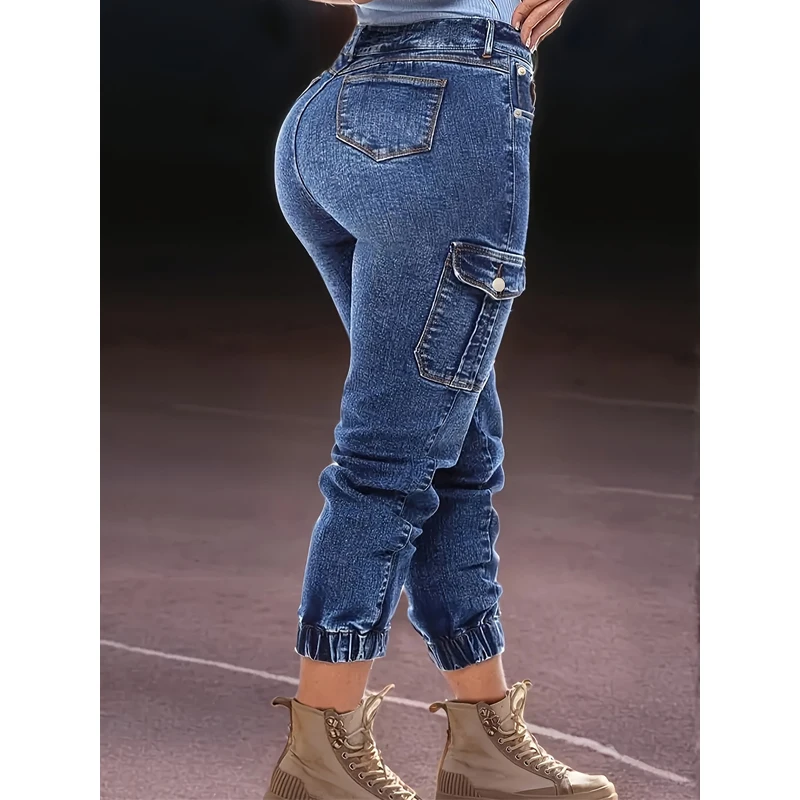 Женские потертые эластичные укороченные джинсы-модные эластичные манжеты, повседневные брюки-карго с несколькими карманами, спортивные джинсы T16