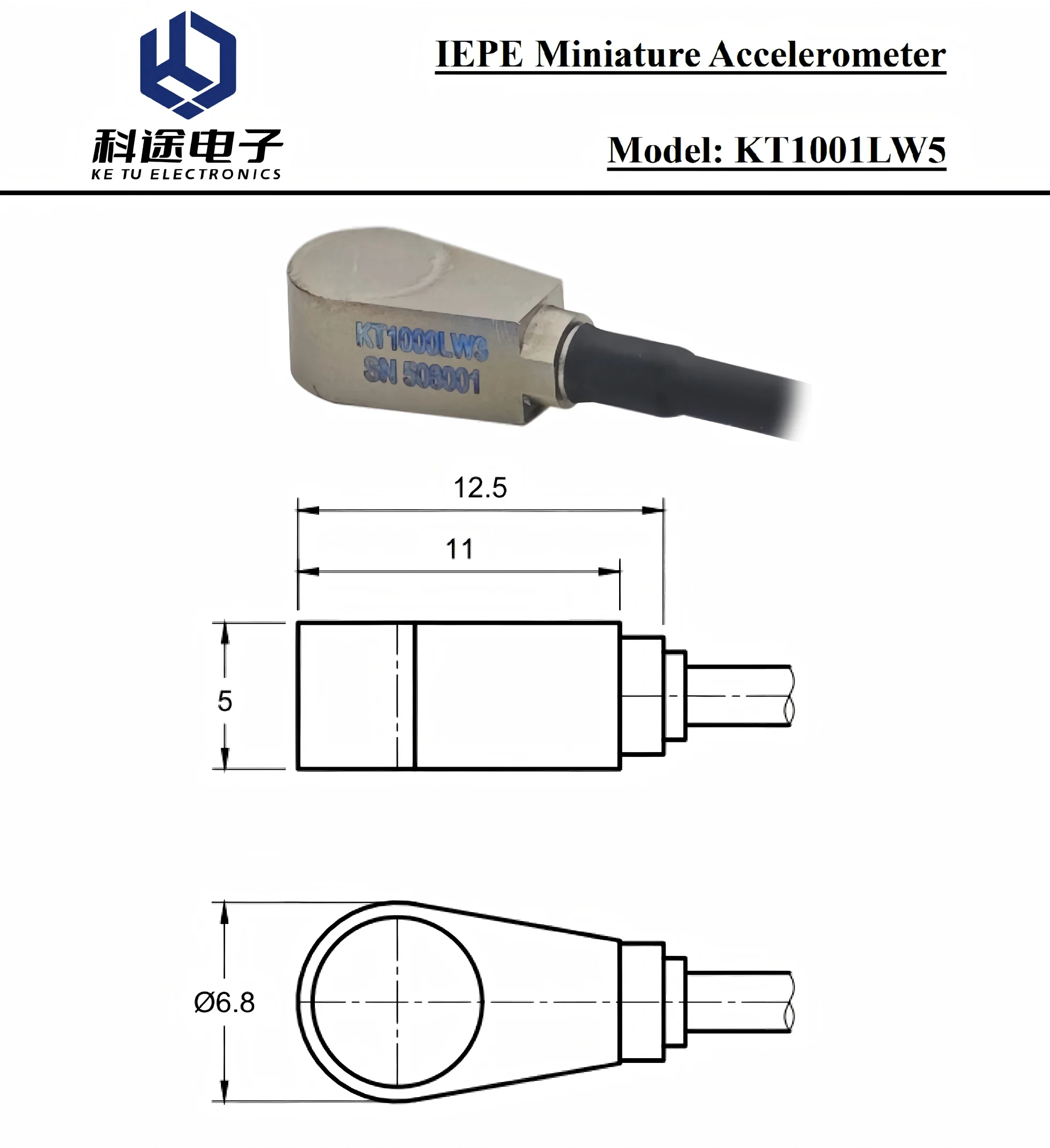 IEPE Vibration Accelerometer Miniature Single Axis ±100g ICP 1 Axis Acceleration Sensor 50mV/g Piezoelectric Transducer 1-10kHz