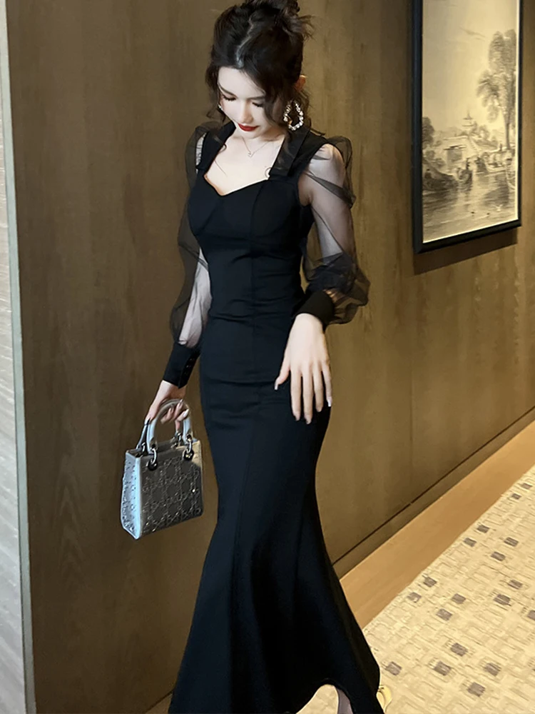 Robe sirène noire en maille transparente, élégante, Sexy, de qualité, pour femmes, manches bouffantes, tenue de soirée, de Banquet, 2023