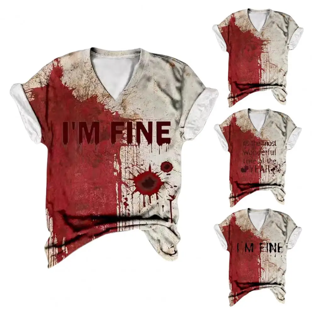 Women Halloween Blood Print Top Halloween Women's V-neck T-shirt With Blood Print Cosplay Festivals Pullover Top Short Sleeve