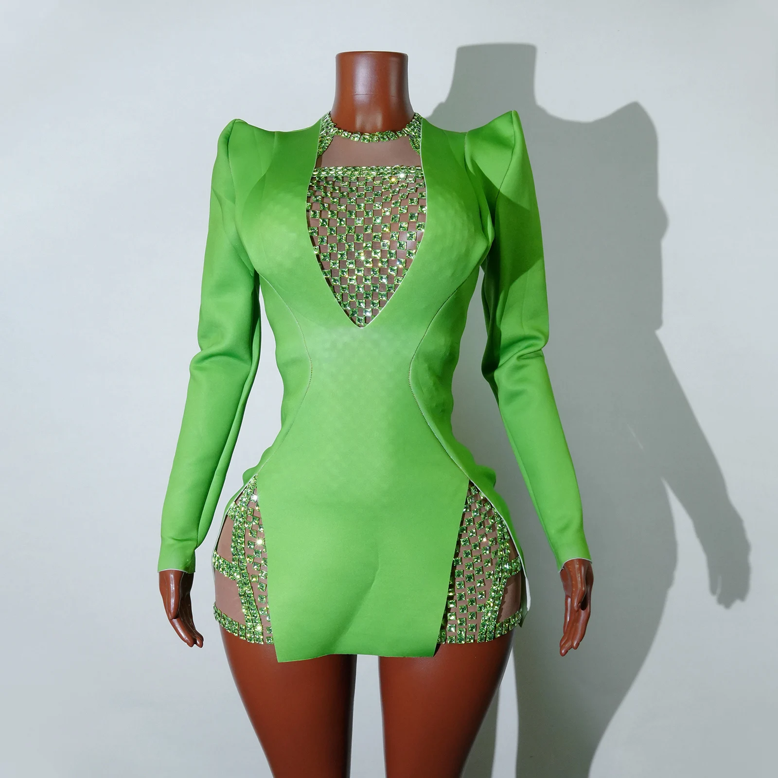 New Shiny Rhinestone Green Short Dress 2Pcs Set Skirt Mini Club Celebrity Runway Party  Birthday Prom Stage Show Queen Outfit
