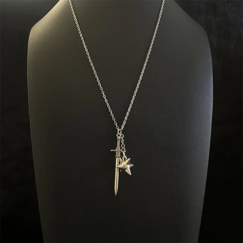 Punk Gothic Knight Sword Spiky Ball Pendant Necklace Vintage Cross Sword Morning Star Chain Y2K Aesthetic Jewelry for Women Men