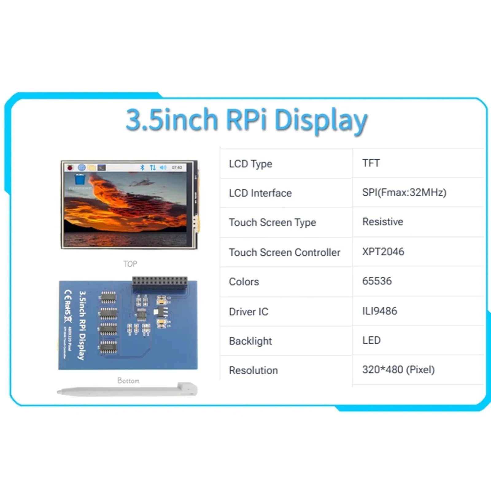 DIYmall 3.5inch Raspberry Pi SPI LCD Display ILI9486 TFT 320×480 Resistive Touchscreen for All Pi Models
