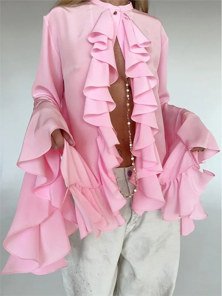

Spring Elegant Ladies Chiffon Shirt Top Leisure Fashion O-Neck Trumpet Sleeve Ruffled One Buckle Loose Casual Solid Color Top