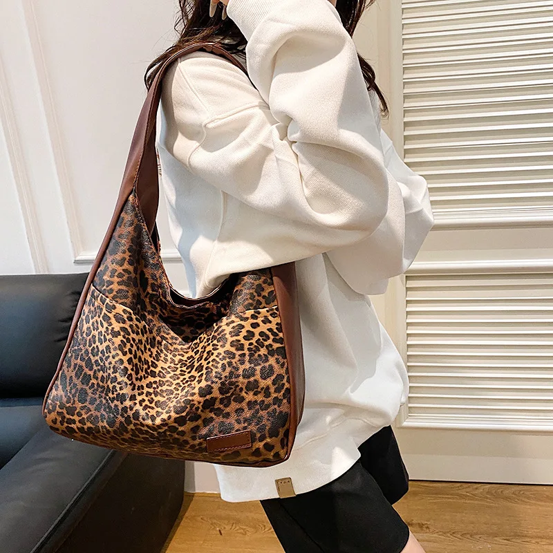 Leopard Pattern Tote Bag Vintage PU Leather Shoulder Bag Fashion Big Capacity Handbag For School Work Shopping Lady Hand Bags