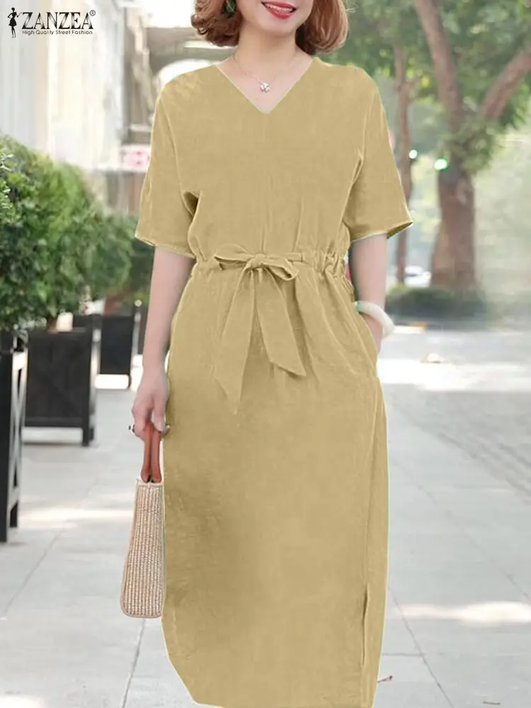 ZANZEA فستان ميدي أنيق متين موضة كم قصير برباط فستان الشمس عتيق على شكل حرف a فيستدوس 2025 رداء فضفاض غير رسمي برقبة على شكل حرف v