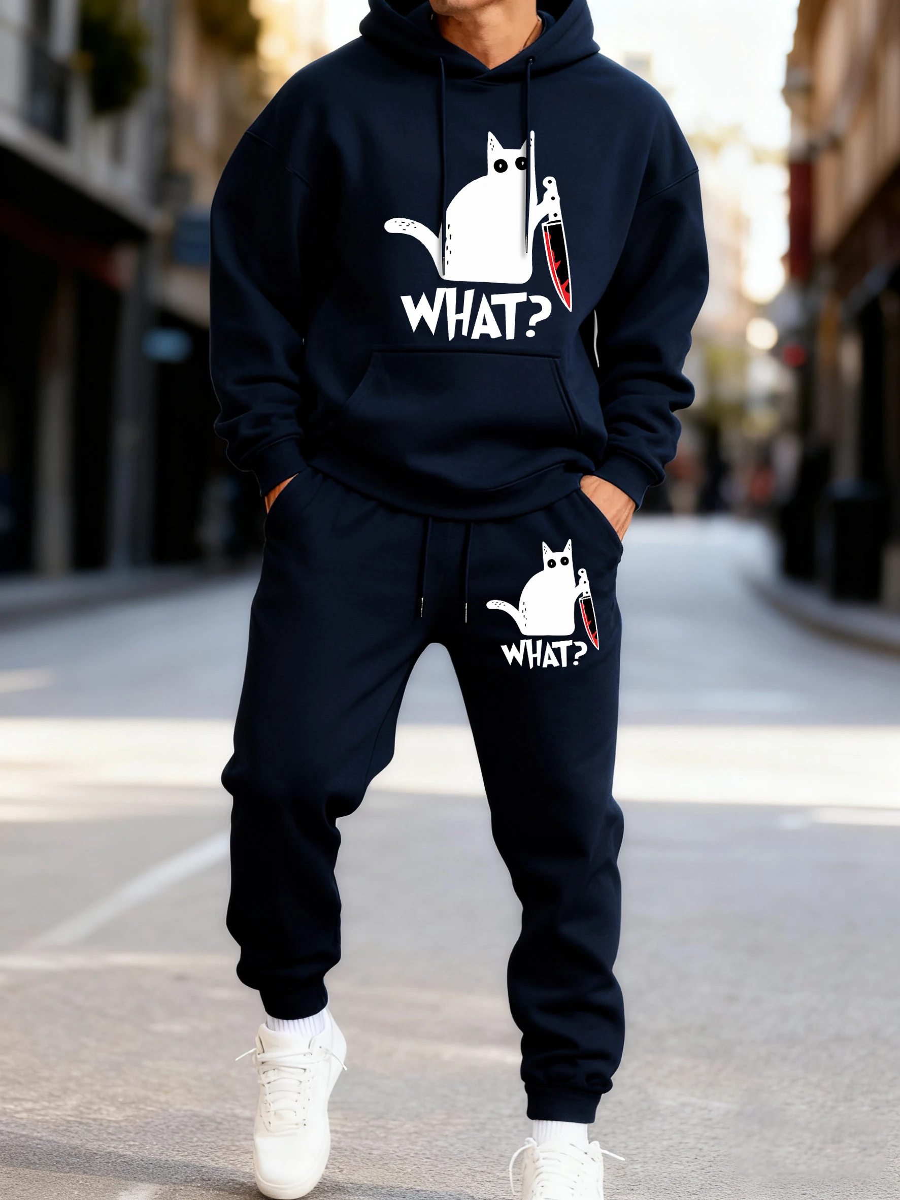 

Question Mark Cat Printed Men Comfy Classic Pullover All-Match Hip Hop Hoodie Set Fleece Loose Sweatpants Autumn Jogging Pants