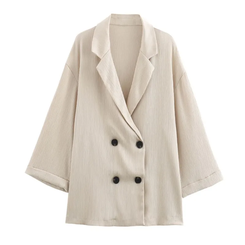 Women Urban Fashion Double Buttons Blazer Coat Spring Autumn Shiny Beige Lapel Wrinkle Vision Jacket + High Waist Wide Leg Pant