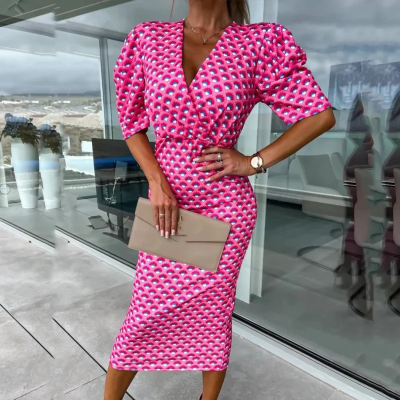 Sukienka z bąbelkowym rękawem Office Lady Sexy Wrap V-neck Midi Dress Women Summer Graphic Print Slim Party Dress Elegant Grace dresses