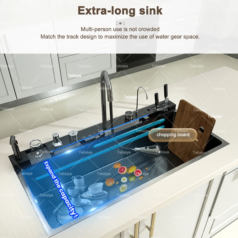 Extra Large Stainless Steel Waterfall Kitchen Sink Embossed Single Solt Digital Display Multifunctional Dishwashing Sink