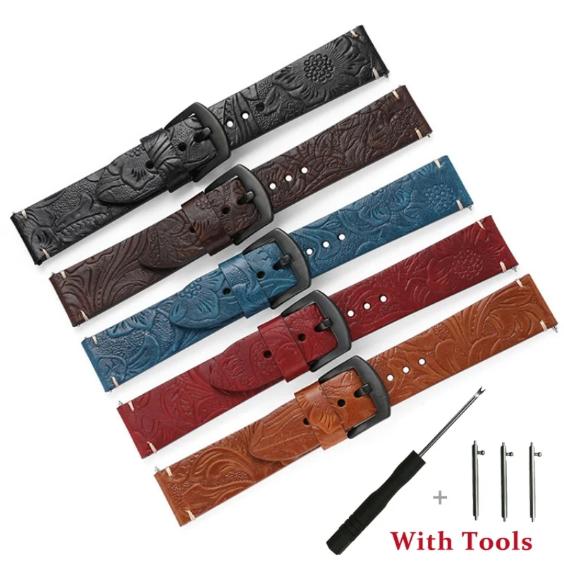 

20mm 22mm Quick Release High Quality Carved Cowhide Leather Watch Strap Replacement for Universal Waterproof Watch Bracelet