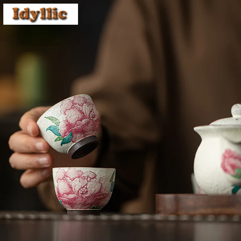 Old Rock Clay Light Makeup Peony Tea Set Complete Set Traditional Tea Ceremony Set Teapot And Tea Cup Set Tableware Ornaments