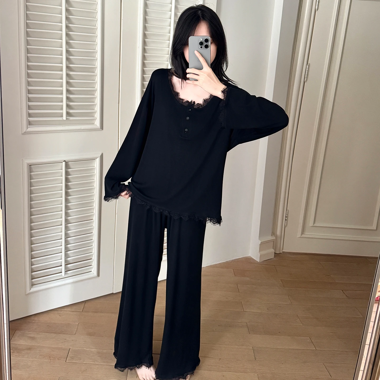 Modal Sleepwear Women's 2025 New Spring Autumn Long Sleeve Lazy Style Simple Lace Black Home Clothes Set Comfortable Loose Fit