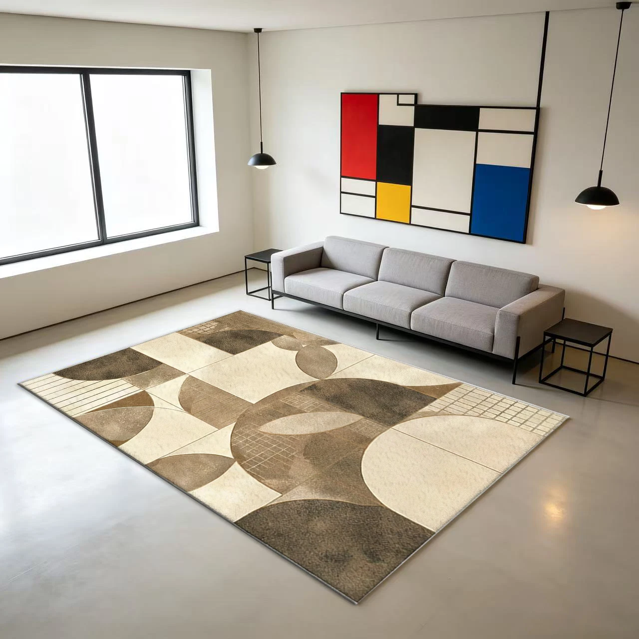 Mid-Century Geometric Block Carpet Flooring Luxury Neutral Shade Floor Rug Modern Home Interior Decor Carpet