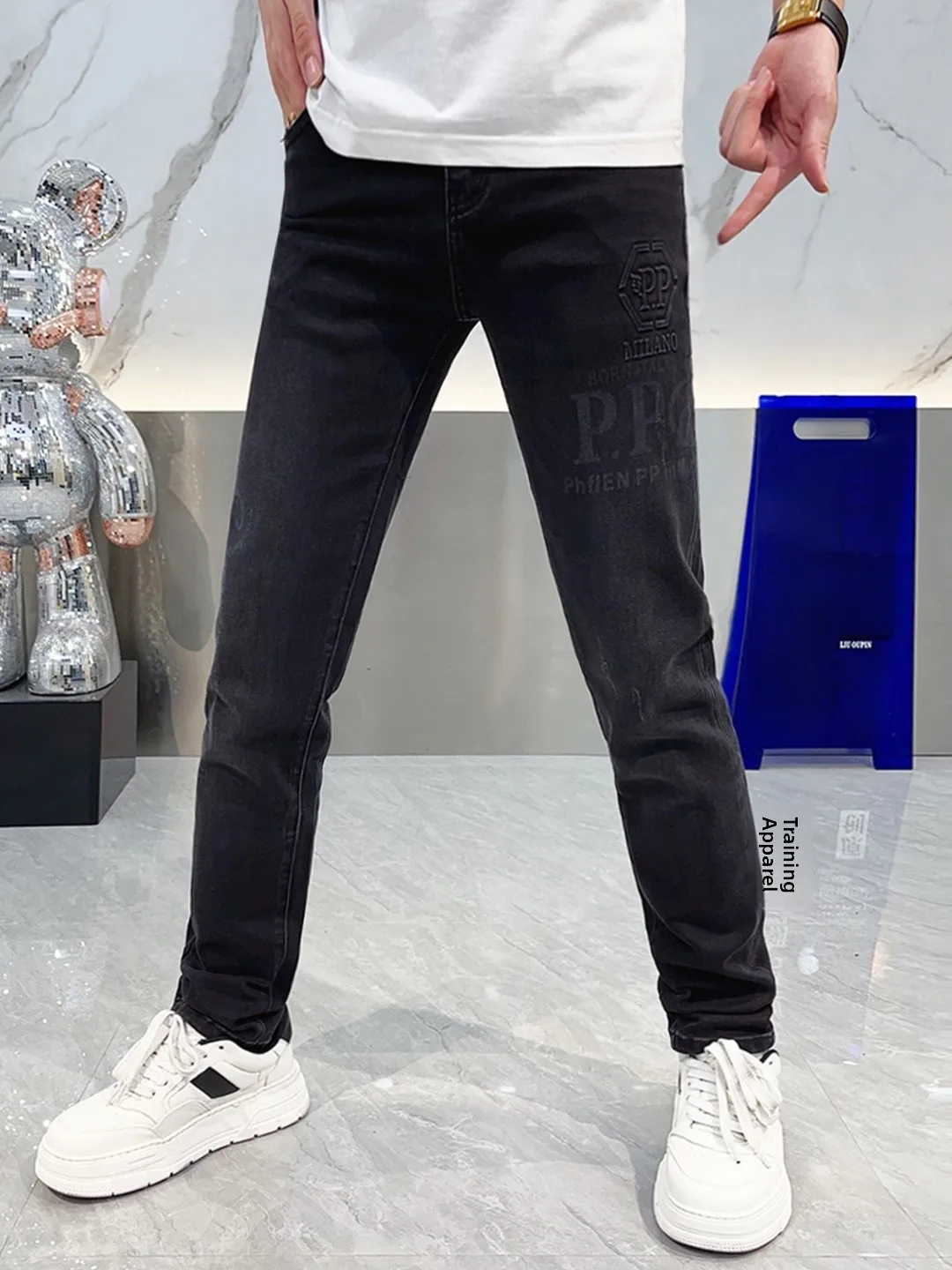 

Модные мужские джинсы Slim Fit с принтом, осенне-зимняя коллекция, с высокой талией, цифровая печать, мягкие, удобные, дышащие