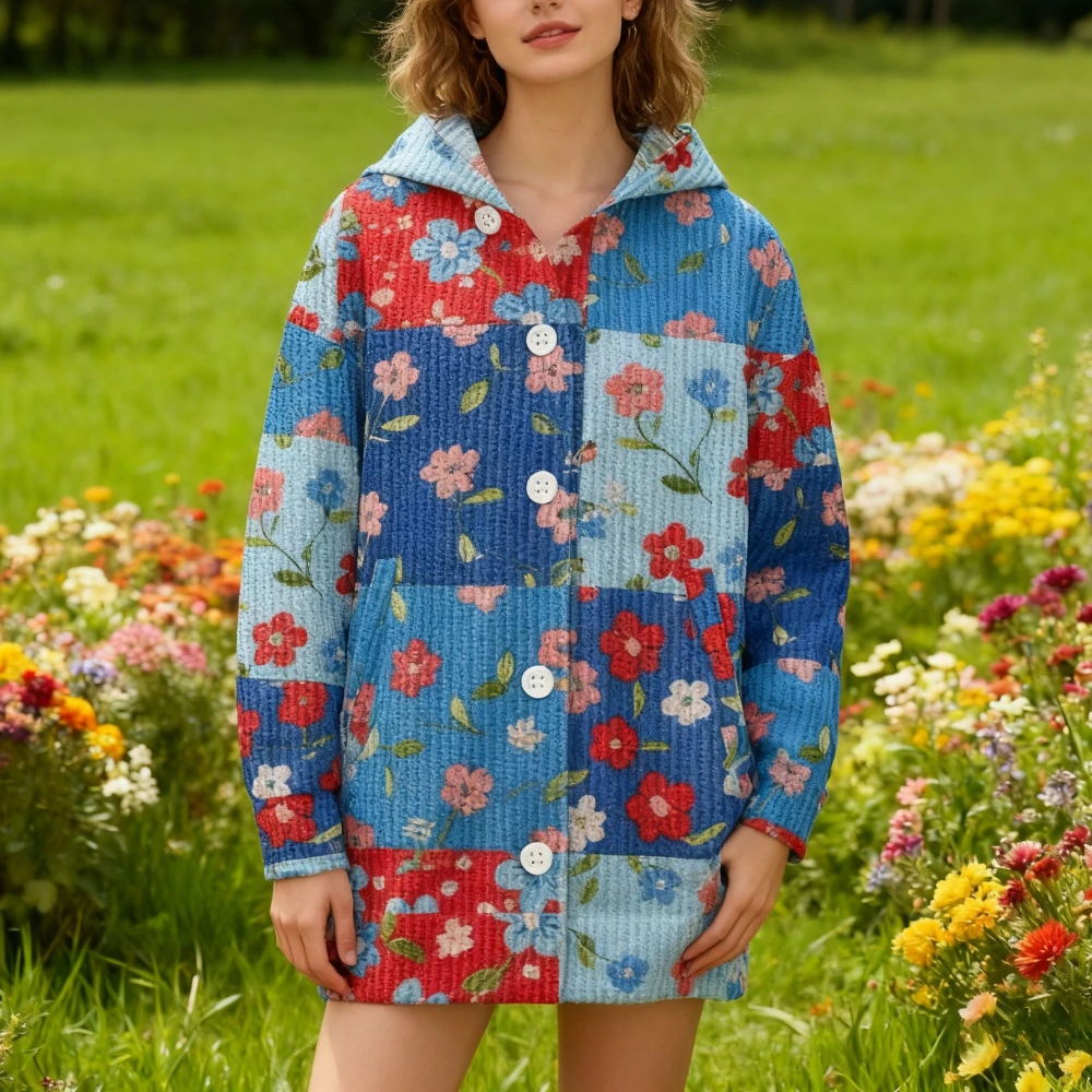 

Colorful Floral Hooded Cardigan Women Lightweight Button Down Coat with Ribbed Cuffs Vintage Style Spring and Autumn Outerwear