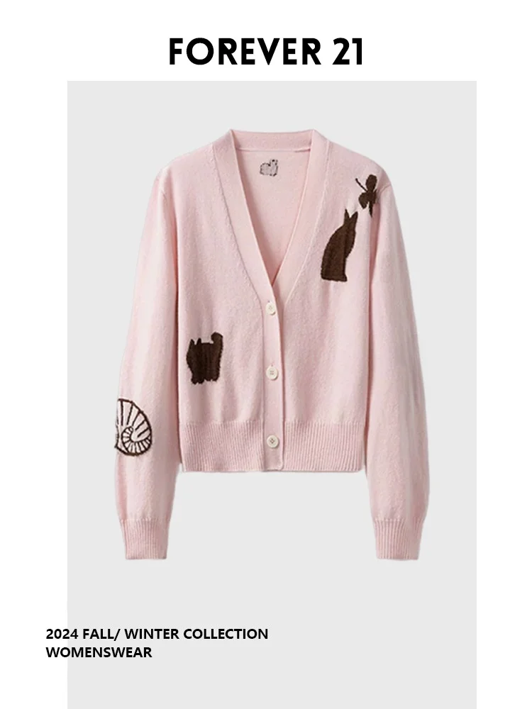 

Розовый вязаный кардиган с открытым передом для женщин, модный, с забавным узором, V-образным вырезом, длинными рукавами, стандартной длины, весна-осень, новинка