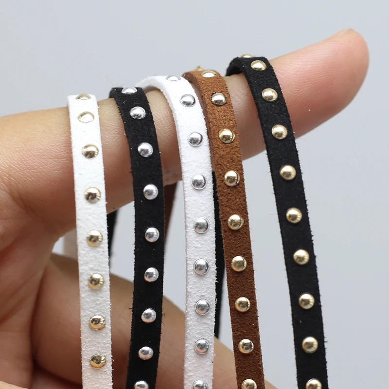 

5meters 5mm width Fine muntjac velvet leather dough leather strip leather rope hot diamond rivet strip punk collar necklace