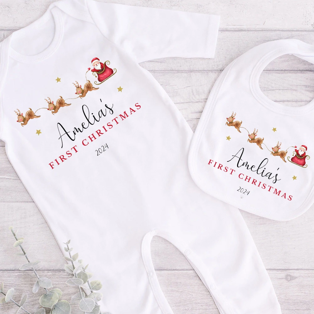 Personalised Babies First Christmas Sleepsuit & Bibs Babies 1st Xmas Gift Pyjamas 1st Xmas Babygrow Christmas Outfit for Baby