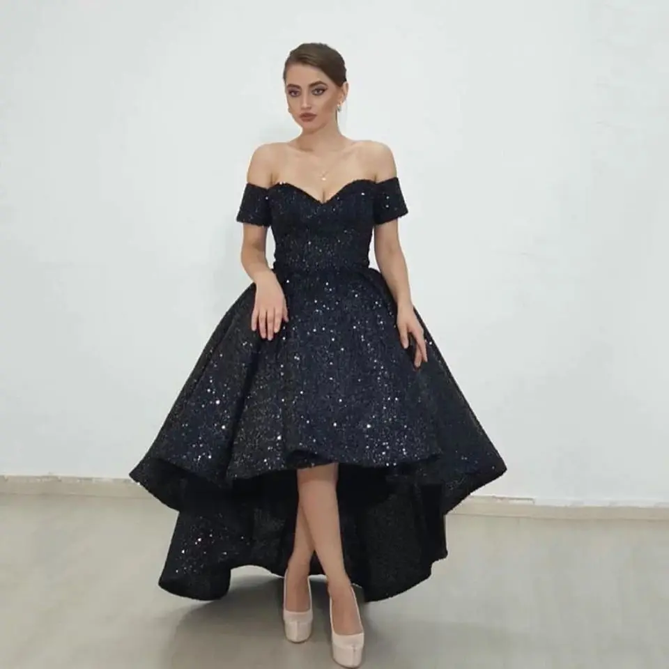 Sparkly zwarte pailletten galajurk off-shoulder hoog laag avondjurk Saoedi-Arabië Abendkleider vestidos gewaden de soirée