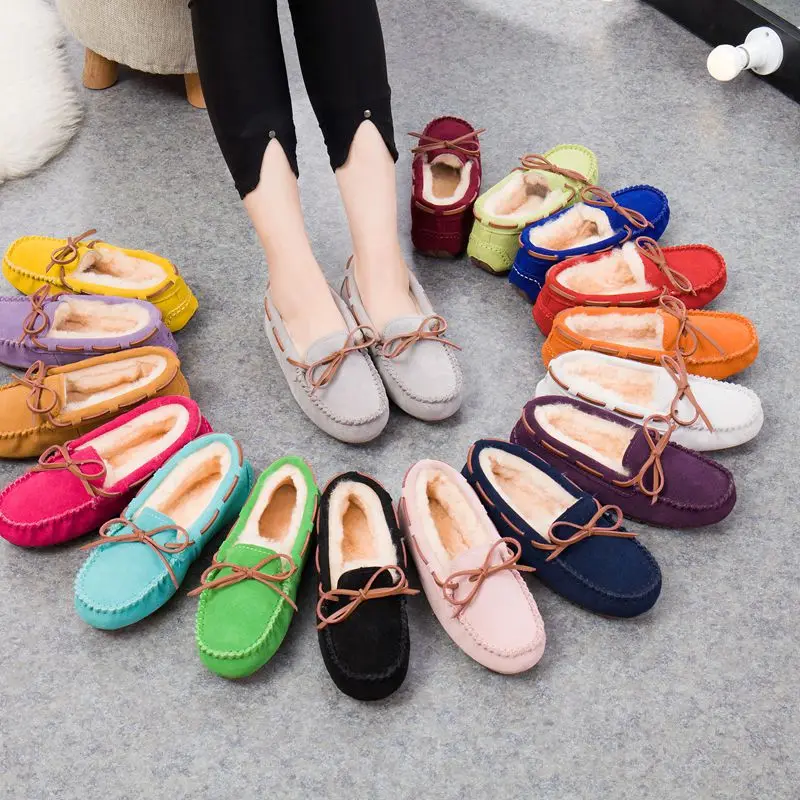 Winter Shoes Women's Flat Shoes Sheepskin Loafers Cashmere Thickened Anti-skid Cotton Ladles Moccasins Bow Women's Shoes