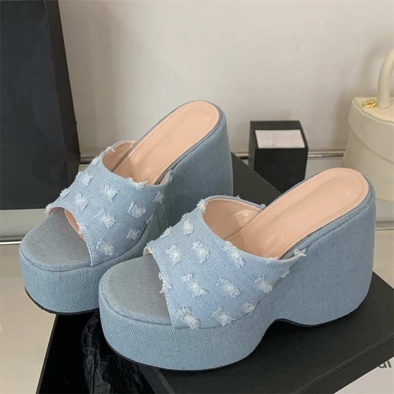 Aneikeh Denim Print Platform Wedges Chunky Heels Summer Outdoor Wear Comfortable Shoes New Soled Banquet Slipper Sandalias