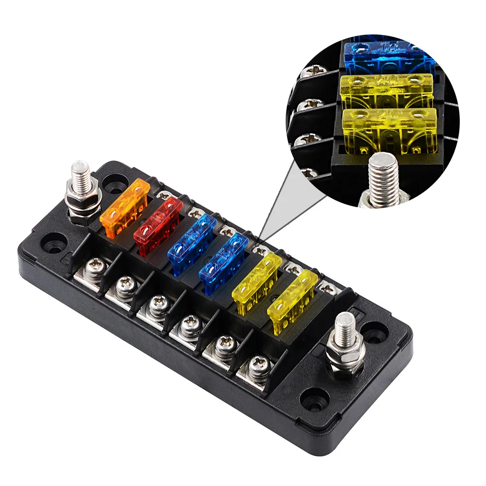 

Car Plastic Fuse Box 6 Ways Flame Retardant Fuse Holder Fast Installation Stainless Steel Screws Double Fuses with Sticker