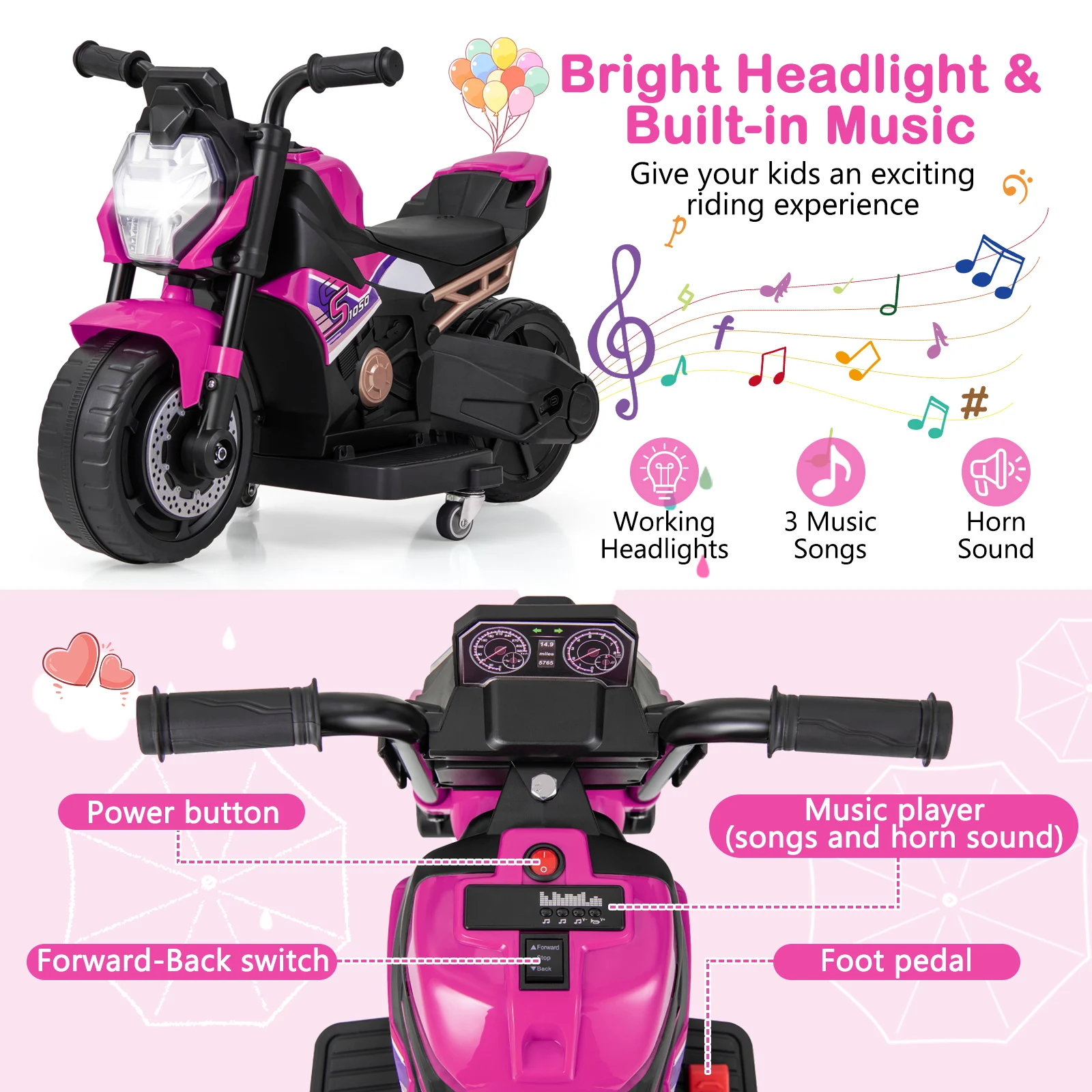 2-in-1 Kids Electric Motorcycle w/Detachable Training Wheels Headlight & Horn