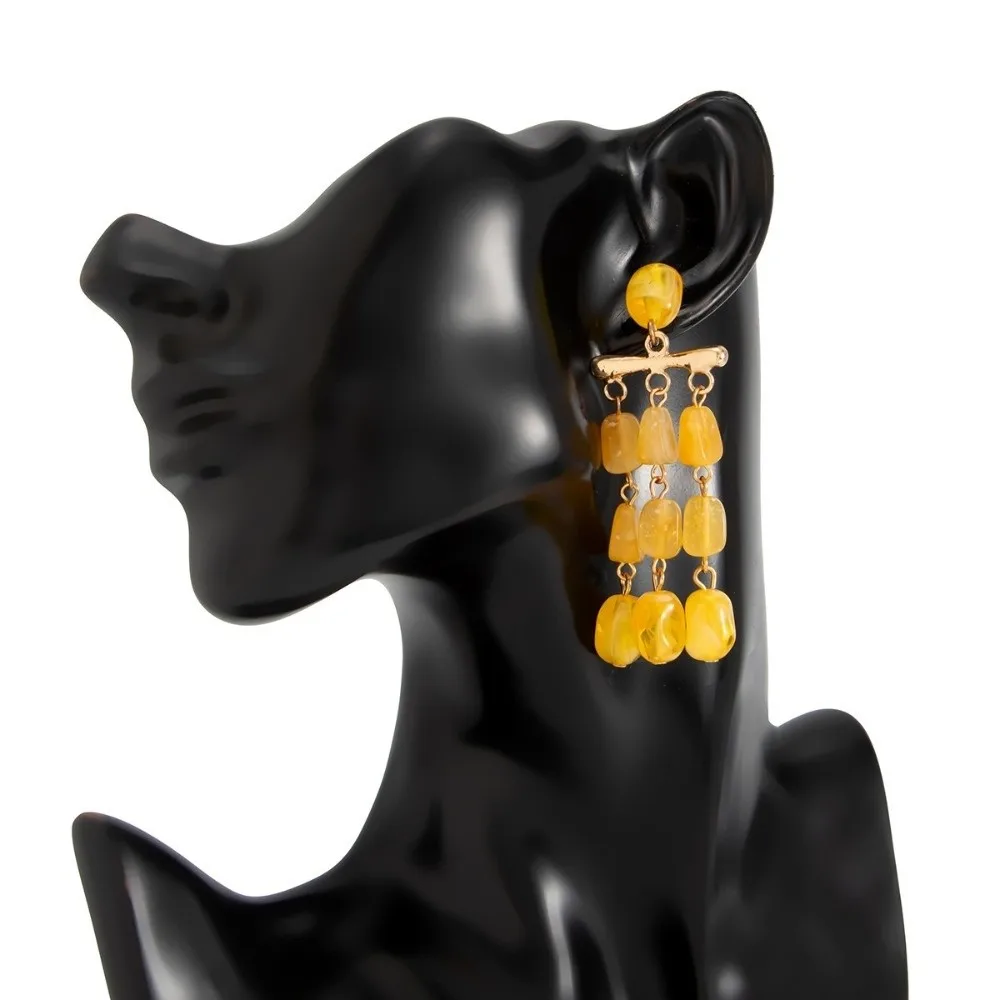 Vintage Resin Bead Dangle Earrings Multi-Layer Bead Yellow Statement Earrings Layered Ornate Drop Earrings Holiday