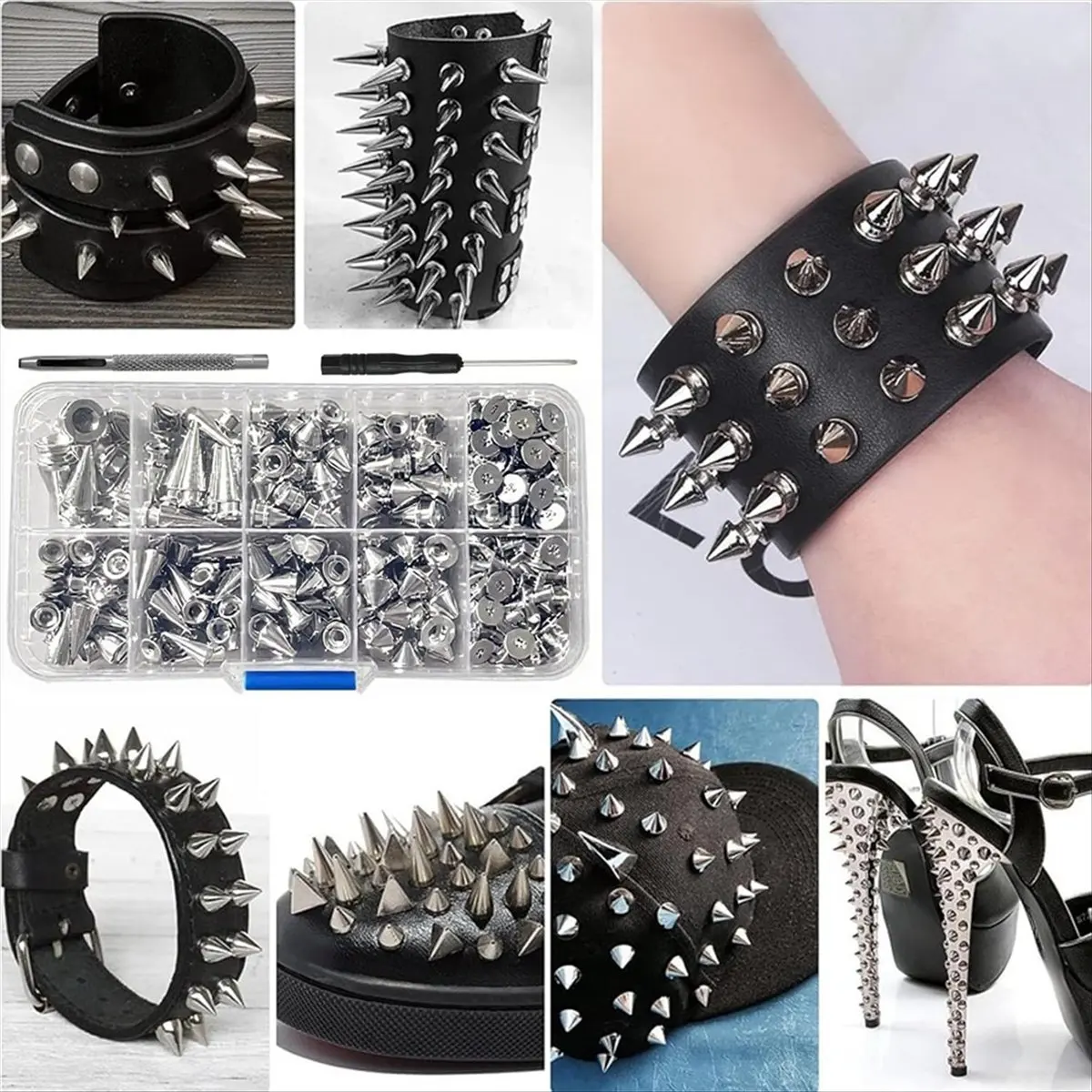 354 Pieces Punk Spikes and Studs Kit - 8 Sizes Cone Spikes, Metal Tree Spikes Studs for Leathercraft, Punk Clothing DIY