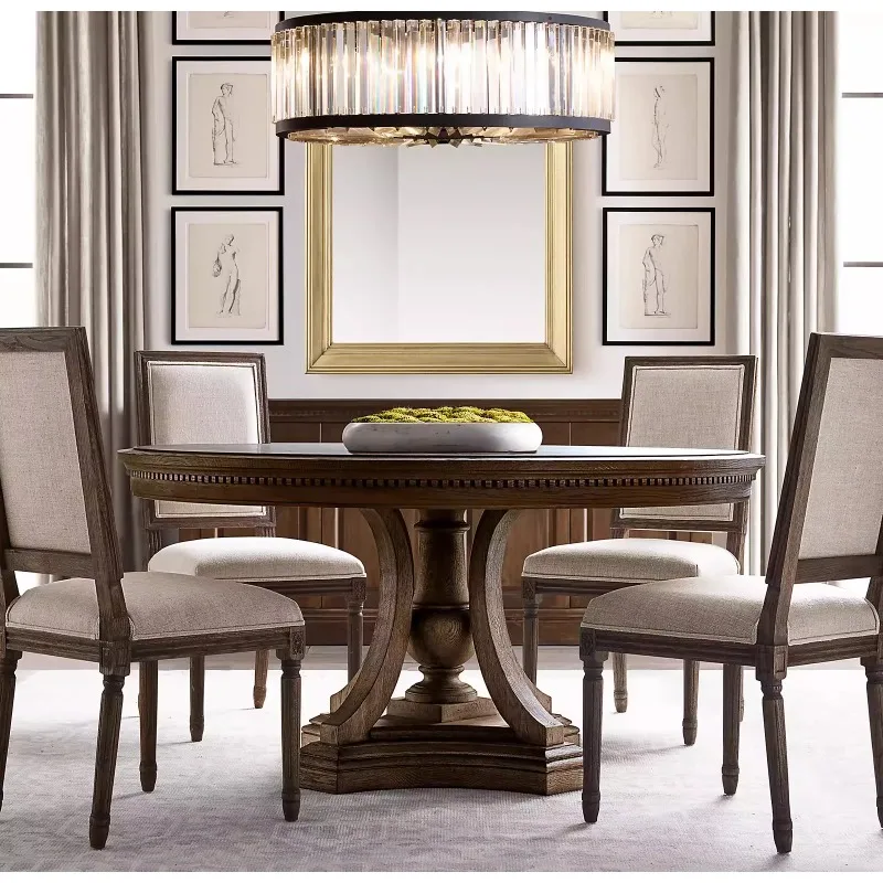 البلوط الأمريكي طاولة مستديرة خشب متين خمر البلد طاولة طعام مستديرة وكراسي غرفة المعيشة الأوروبية طاولة طعام المنزل فيلا F