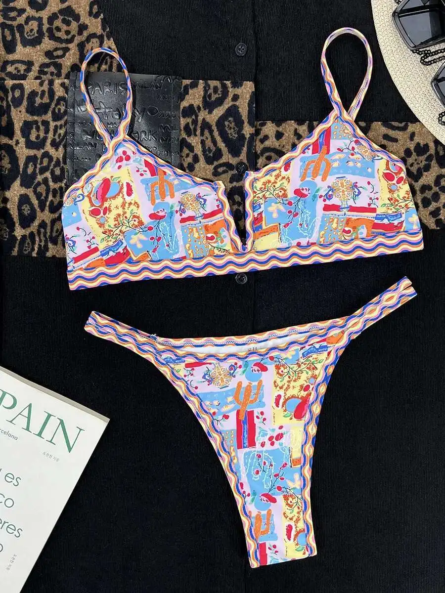 Badeanzug mit V-Ausschnitt, Farbe Blumenstickerei, sexy Bikini, Strandurlaub, Urlaub, Poolparty, bezaubernde tiefe V-Hosenträger, Bikini VPPP