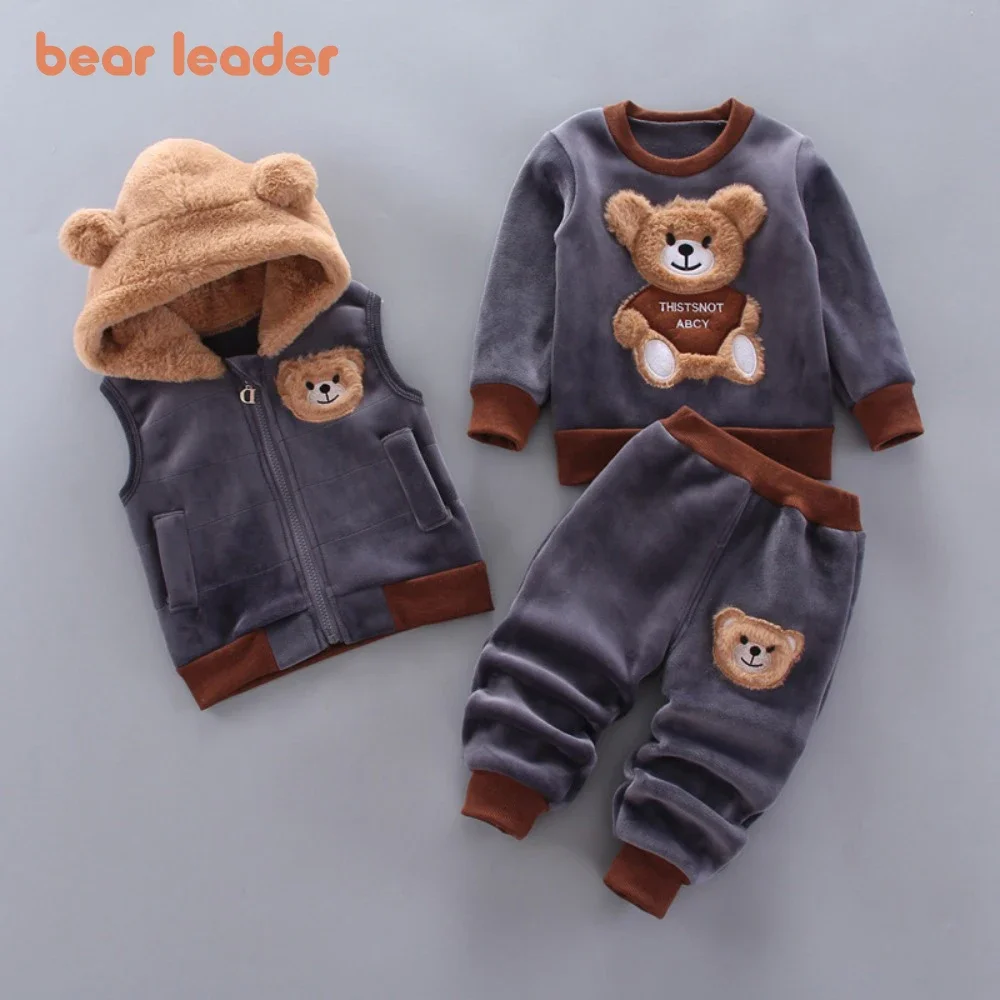 

Bear Leader 2025 Winter New Plush Warm Sports 3-Piece Set Little Bear Hooded Set Vest Long Sleeved Sweater for Boys and Girls