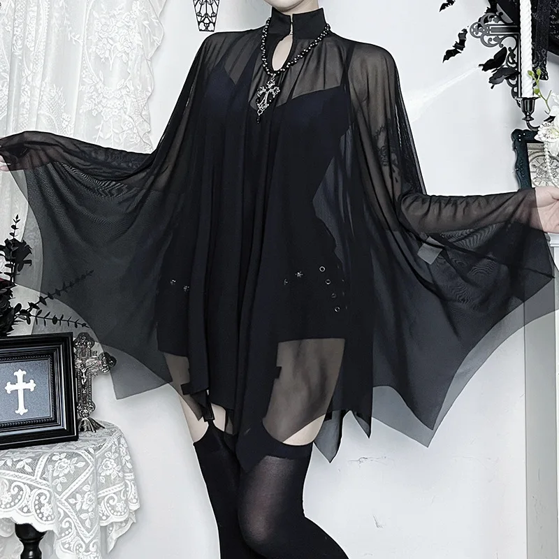 2025 New Dark Mesh Sheer Batwing See Through 2 Piece Sets Backless Bodysuit and Cloak Suits Women Gothic Halloween Cosplay Sets