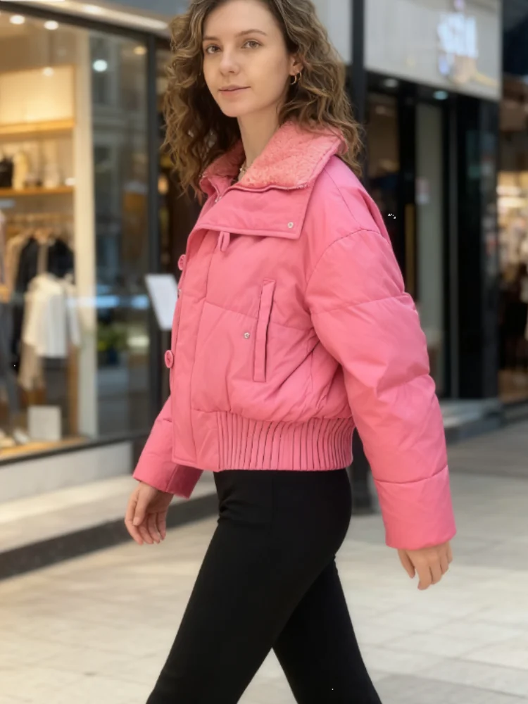 

Chic Winter Cropped Jackets Women Short Parkas Coat 2025 Casual Patchwork Lapel Zipper Outerwear Female Warm Quilted Coats