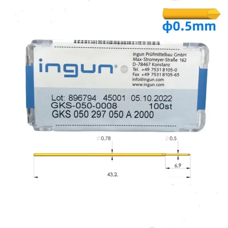 100 قطعة/صندوق INGUN التحقيق GKS050 سلسلة 0.78 مللي متر مطلية بالذهب اختبار التحقيق تلسكوبي الربيع ICT تركيبات دبوس علوي