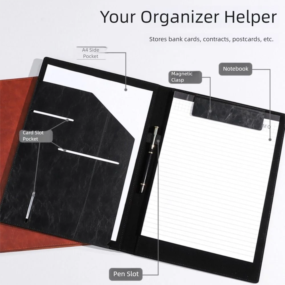 

Multifunctional A4 Conference Folder Vintage File Storage Clipboard Leather File Folders Simple with Magnetic Clip