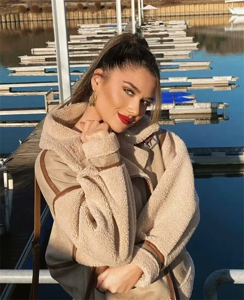 سترة نسائية من الجلد الصناعي بخياطة عصرية مع سحاب مزخرف وياقة واقفة وسترة شتوية دافئة جديدة سميكة #5