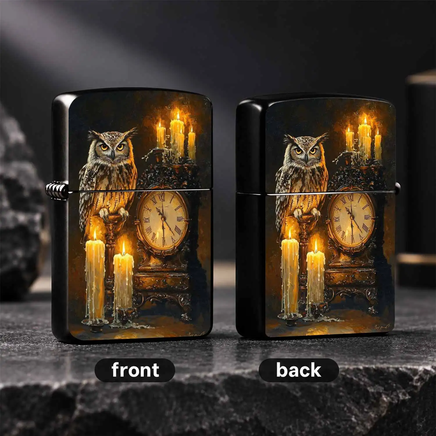 Vintage Oil Painting Style Owl & Candlestick Clock Decor Lighter, Aesthetic Art Print Portable Accessory, Retro Unique Personalized Daily Carry Item, Ideal Gifting Choice For Various Scenes For Daily Use A Humorous And Interesting Lighter