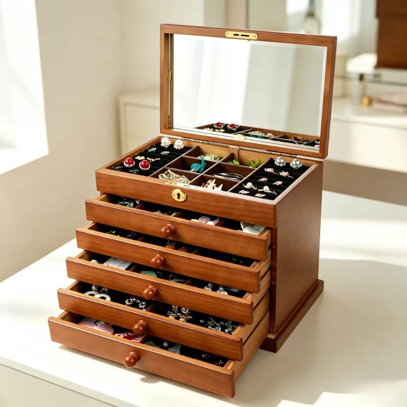 Xianglong Wood Solid Wood Jewelry Box,Large Capacity Chinese Vintage Storage Case,Multi-Layer Lockable Organizer for Accessories
