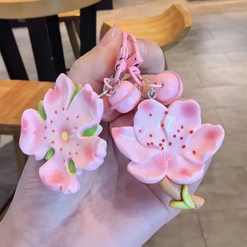 Creative Resin Peach Flower Keychain Tulip Lotus Peach Blossom Pendant with Bell Sweet Car Key Ring Backpack Decoration