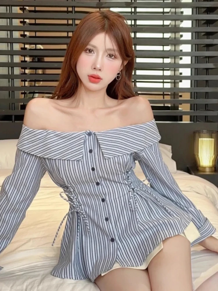 

Женская полосатая рубашка, весна-лето, облегающая рубашка с разрезом на талии, топы с длинными рукавами и открытыми плечами, шикарная блузка Femme