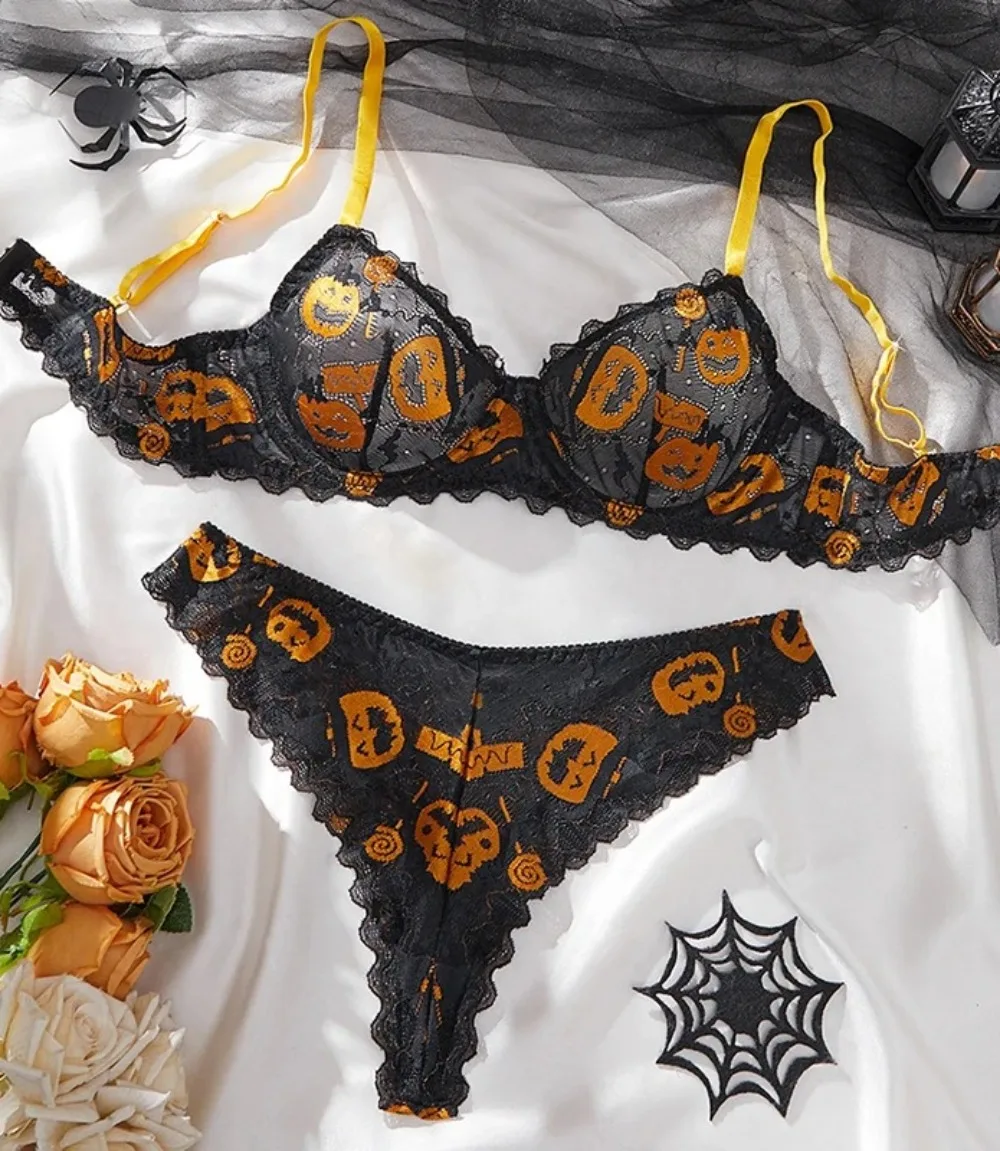 

Halloween Sexy Hot Exclusive Pumpkin Lamp Wacky Faces 2PC Set Witty Treat and Trick Cosplay Women's Underwear