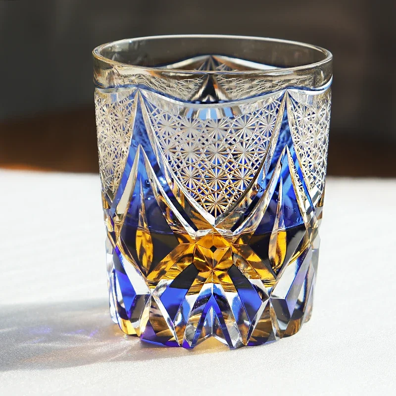 Blue 240ml Handmade Japanese Style Edo Kiriko Whiskey Tumbler hand blown rocks glass tumbler  for Spirits And Beverages