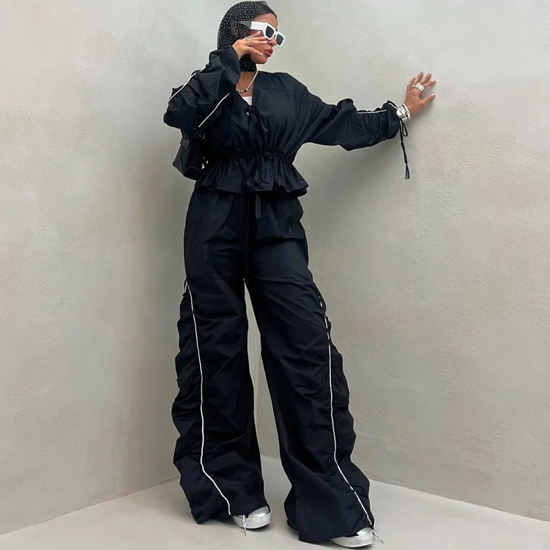 

Gtpdpllt Модный комплект из двух предметов, женские повседневные спортивные костюмы с оборками, бандажные топы и длинные брюки на шнуровке, одежда для активного отдыха