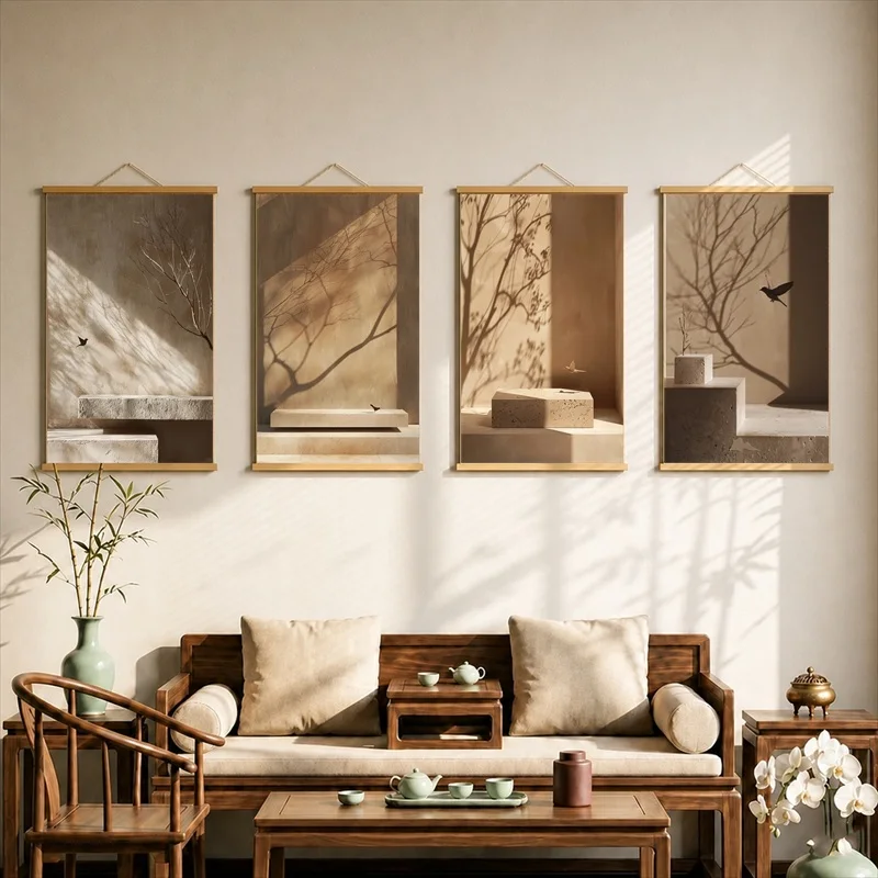 Wall Decor Soft Branch Shadows in Warm Sunlight, Natural Linen Aesthetic Pearlescent Canvas Wall Hanging Scroll for Reading Nook